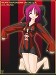  ;) ac_milan ad artist_request bad_anatomy bow emblem hair_bow kneeling kohaku long_sleeves no_pants one_eye_closed orange_eyes pink_hair serie_a sleeves_past_wrists smile soccer_uniform solo sportswear tsukihime 