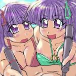  artist_request bikini_top kashiwagi_yuuma kashiwagi_yuuna lowres multiple_girls pani_poni_dash! purple_eyes purple_hair siblings sisters swimsuit twins 