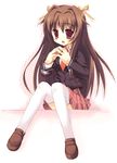  blazer blush bra-ban! brown_hair full_body jacket long_hair long_sleeves meito_(maze) nakanoshima_tae red_eyes school_uniform solo thighhighs 