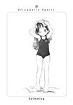  barasui greyscale highres ichigo_mashimaro itou_chika monochrome name_tag one-piece_swimsuit school_swimsuit solo swimsuit towel towel_on_head 
