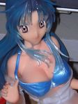  blue_hair bra breasts chidori_kaname cleavage close-up cum figure full_metal_panic! large_breasts lingerie long_hair off_shoulder open_clothes open_shirt orange_eyes photo semen_on_figure shirt smile solo underwear very_long_hair 