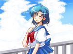  back_bow bishoujo_senshi_sailor_moon blue_eyes blue_hair blue_sailor_collar bow closed_eyes cloud day earrings hand_on_own_chest jewelry juuban_middle_school_uniform laughing mizuno_ami pikachi sailor_collar school_uniform serafuku short_hair sky smile solo wallpaper 