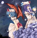  bat_wings blue_hair book crescent dress full_moon hat hat_ribbon long_hair long_sleeves moon multiple_girls night night_sky patchouli_knowledge purple_eyes purple_hair red_eyes remilia_scarlet ribbon sho_(runatic_moon) short_hair sitting sky star_(sky) touhou wings 