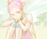  :d anemone_(eureka_seven) artist_request eureka_seven eureka_seven_(series) knees_on_chest lowres open_mouth pale_color pink_eyes pink_hair ponytail shirt short_hair short_sleeves sitting smile solo teeth white_shirt 