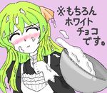  black_dress blush bowl closed_eyes dress failure food food_on_face frown gloves green_hair long_sleeves lowres media pani_poni_dash! purple_background sh simple_background solo upper_body white_gloves wince 