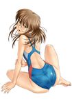  back brown_eyes brown_hair competition_swimsuit copyright_request fingernails from_behind glasses jewelry looking_back one-piece_swimsuit pantylines ring simple_background sitting smile solo swimsuit tanaka_ekisu wedding_band 