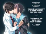  1girl glasses hard_translated hetero kiss kita_high_school_uniform kyon long_sleeves nagato_yuki school_uniform suzumiya_haruhi_no_yuuutsu translated yuuji 