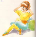  80s ballet_slippers blue_eyes crossed_legs cushion hand_on_ear head_tilt headphones hiyama_hikaru kimagure_orange_road leg_warmers leotard oldschool orange_footwear orange_leotard pantyhose pillow shirt shoes simple_background sitting solo takada_akemi traditional_media watermark yellow_shirt 