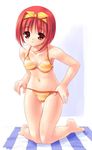  akamaru beach bikini bow kamigishi_akari kneeling red_eyes red_hair short_hair solo striped striped_bikini swimsuit to_heart yellow_bow 