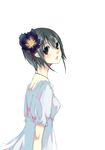  black_hair blush dress flower from_side green_eyes hair_flower hair_ornament head_tilt itou_nanami jewelry neck_ring original puffy_short_sleeves puffy_sleeves short_hair short_sleeves sidelocks simple_background solo white_background white_dress 