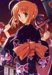  ahoge artist_request artoria_pendragon_(all) blonde_hair candy_apple fate/stay_night fate_(series) festival food green_eyes japanese_clothes kimono long_sleeves saber solo yukata 