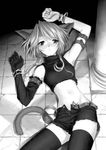  animal_ears arm_belt arm_up artist_name bangs bare_shoulders blush bracelet breasts cat_ears cat_girl cat_tail copyright_request cowboy_shot crack cracked_floor crop_top cross elbow_gloves gloves greyscale groin hair_ornament jewelry looking_at_viewer lowres lying midriff monochrome navel on_back on_ground pillar shadow shorts single_glove sleeveless sleeveless_turtleneck solo tail thighhighs tile_floor tiles torn_clothes torn_shorts turtleneck ueda_ryou unbuckled_belt unfastened 