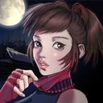  artist_request brown_eyes brown_hair copyright_request fingerless_gloves full_moon gloves hair_up lips lowres moon night ninja pine_tree short_hair solo tree 