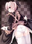  apron ass back black_dress black_eyes copyright_request dress dress_lift from_behind gothic highres jian looking_back maid panties purple_hair short_hair solo standing thighhighs underwear white_legwear white_panties 