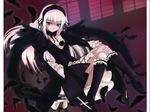  artist_request black_feathers black_footwear black_wings boots crossed_legs detached_collar flower frilled_sleeves frills hairband knee_boots leg_garter lolita_hairband long_hair long_sleeves looking_at_viewer rose rozen_maiden silver_hair smile solo suigintou wings 