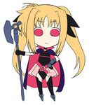  bardiche belt blonde_hair cape chibi fate_testarossa flat_color gauntlets gloves hair_ribbon long_hair lowres lyrical_nanoha magical_girl mahou_shoujo_lyrical_nanoha miniskirt red_eyes ribbon single_gauntlet single_glove skirt solo takanashi thighhighs twintails 