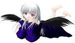  artist_request bare_shoulders barefoot black_wings doll doll_joints legs_up lips long_sleeves looking_at_viewer lying off_shoulder on_stomach pink_eyes pink_lips rozen_maiden silver_hair smile solo suigintou wings 