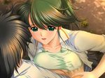 breast_grab breasts game_cg grabbing green_eyes green_hair guided_breast_grab large_breasts naruse_touka private_emotion sano_toshihide sleeves_rolled_up solo_focus 