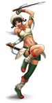 black_hair brown_eyes detached_sleeves happy hat micchii_(mitchiee) midriff navel simple_background solo soulcalibur talim thighhighs tonfa twintails weapon 