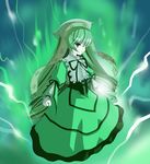  artist_request clenched_hands full_body green head_scarf long_hair long_sleeves monochrome rozen_maiden serious simple_background solo suiseiseki very_long_hair 
