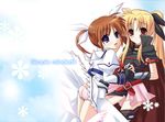  ass belt black_legwear blonde_hair blush boots brown_hair cape dress fate_testarossa fingerless_gloves gloves hair_ribbon hayashi_sakura interlocked_fingers lyrical_nanoha magical_girl mahou_shoujo_lyrical_nanoha multiple_girls panties pantyshot pink_panties ponytail purple_eyes red_eyes ribbon standing takamachi_nanoha thigh_boots thighhighs twintails underwear white_dress wind wind_lift 