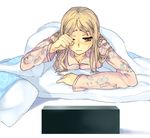  bed blonde_hair breasts cat futon higurashi_no_naku_koro_ni large_breasts long_hair long_sleeves lowres pajamas sleepy solo sora_(efr) takano_miyo 