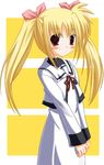  artist_request blonde_hair bow capelet cowboy_shot dress fate_testarossa hair_bow hands_together long_hair long_sleeves lyrical_nanoha mahou_shoujo_lyrical_nanoha mahou_shoujo_lyrical_nanoha_a's pink_bow red_eyes red_ribbon ribbon seishou_elementary_school_uniform solo twintails v_arms white_dress 