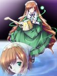  artist_request bangs brown_hair corset dress drill_hair flat_chest frills green_dress green_eyes hat heterochromia lolita_fashion long_hair long_sleeves red_eyes ribbon rozen_maiden shoes suiseiseki twin_drills twintails very_long_hair watering_can 
