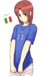  2006_fifa_world_cup andrea_pirlo andrea_pirlo_(cosplay) bangs blush breasts cosplay cowboy_shot grey_eyes italian_flag italy jersey light_smile looking_at_viewer number parted_bangs red_hair shirt shirt_tug short_hair short_sleeves shorts simple_background sketch small_breasts smile soccer soccer_uniform solo sportswear standing uniform white_background world_cup yu_65026 