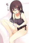  arima_senne black black_panties blush bow bow_panties brown_hair camisole glasses kashiwamochi_yomogi lace lace-trimmed_panties long_hair original panties red_eyes side-tie_panties sitting solo underwear 