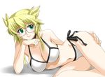  bikini blonde_hair breasts cleavage demonbane glasses green_eyes inue_shinsuke large_breasts leica_(demonbane) lying on_side side-tie_bikini smile solo swimsuit 