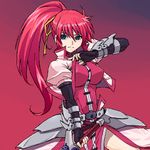  arm_guards armor artist_request black_gloves blue_eyes braid buttons cowboy_shot cropped_jacket dress elbow_gloves fingerless_gloves french_braid gloves hair_ribbon jacket levantine looking_to_the_side lyrical_nanoha magical_girl mahou_shoujo_lyrical_nanoha mahou_shoujo_lyrical_nanoha_a's open_clothes open_jacket pink_hair ponytail red_background red_dress ribbon signum simple_background solo waist_cape 
