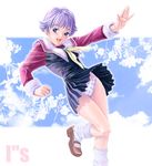  akiba_itsuki blue_eyes blue_panties dress hands i&quot;s leg_lift long_sleeves mary_janes neckerchief nekomata_naomi panties polka_dot polka_dot_panties purple_hair school_uniform shoes short_dress short_hair socks solo underwear white_legwear 