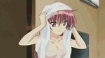  animated animated_gif bouncing_breasts breasts cleavage konoe_sunao long_hair lowres medium_breasts naked_towel red_eyes red_hair salute screencap solo topless towel tsuyokiss wardrobe_malfunction 