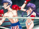  1girl :o american_flag american_flag_print anger_vein angry bikini blue_hair boxing boxing_gloves boxing_ring brown_eyes flag_print game_cg groin hanabana_no_omohi... joy_ride long_hair midriff mizuno_mai navel one_eye_closed open_mouth punching purple_hair shorts spitting swimsuit 