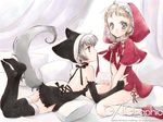  2girls animal_ears big_bad_wolf_(grimm) black black_legwear blonde_hair blush bottomless braid breasts capelet cat_ears cleavage curtains feet flat_chest gagraphic grey_hair grimm's_fairy_tales hat hato_rami little_red_riding_hood little_red_riding_hood_(grimm) lying mouth_hold multiple_girls on_stomach pink_eyes red_capelet ribbon short_hair silver_eyes sitting small_breasts tail thighhighs twin_braids v_arms wallpaper wolf_tail 