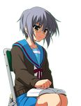  bangs blue_sailor_collar book cardigan cea_se glasses kita_high_school_uniform long_sleeves nagato_yuki sailor_collar school_uniform serafuku short_hair solo suzumiya_haruhi_no_yuuutsu 