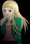  artist_request bad_proportions bangs black_background blonde_hair collared_shirt finger_to_mouth higurashi_no_naku_koro_ni jacket long_hair looking_at_viewer open_clothes open_jacket open_mouth parted_bangs pink_shirt shaded_face shirt simple_background smile solo source_request takano_miyo upper_body 