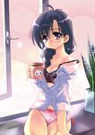  artist_request bra coffee copyright_request lingerie long_sleeves no_pants panties sleepy solo underwear 