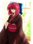  artist_request brown_eyes closed_mouth expressionless hair_between_eyes indoors japanese_clothes kimono kohaku leaf long_sleeves red_hair sash solo sunlight tsukihime upper_body window 