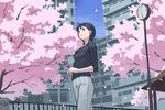  black_hair building cherry_blossoms city clock copyright_request day fence long_hair long_sleeves pants shirt sky takamichi 