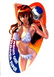 armpits bikini breasts brown_eyes brown_hair cleavage cover dead_or_alive doujinshi flower hair_flower hair_ornament highres kasumi_(doa) large_breasts lipstick long_hair makeup nekoi_mie non-web_source one_eye_closed solo swimsuit volleyball white_bikini 