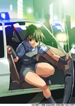  brown_eyes brown_hair car city copyright_request ground_vehicle motor_vehicle police police_uniform ponytail shorts solo takamichi uniform 