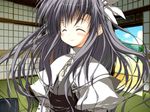  ^_^ black_hair blush closed_eyes game_cg grey_hair h2o_footprints_in_the_sand key long_hair smile solo suzuri_(tennenseki) 