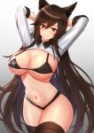  1girl alternate_costume animal_ears arms_behind_head atago_(azur_lane) azur_lane bangs black_hair black_legwear breasts brown_eyes cleavage commentary_request cowboy_shot extra_ears grey_background highres large_breasts logo long_hair midriff mole mole_under_eye navel race_queen ribbon rothy_(user_cezn8425) shrug sleeve_cuffs swept_bangs two-tone_bikini white_ribbon 