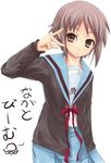  bangs blue_sailor_collar blue_skirt cardigan kita_high_school_uniform long_sleeves nagato_yuki ontaro sailor_collar school_uniform serafuku short_hair skirt solo suzumiya_haruhi_no_yuuutsu 