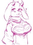  1girl absurdres animal_ears blush breasts chizi female furry goat_ears happy heart highres horns large_breasts long_sleeves looking_at_viewer monochrome no_humans open_mouth simple_background sketch smile solo toriel undertale upper_body white_background 