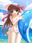  beach bikini breasts brown_eyes brown_hair cleavage day dolphin hat lisianthus medium_breasts nishimata_aoi official_art outdoors pointy_ears polka_dot polka_dot_bikini polka_dot_swimsuit shuffle! solo swimsuit 