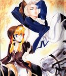  1girl ascot blonde_hair blue_eyes braid brother_and_sister closed_eyes e's hat horse horseback_riding open_mouth riding saddle scan shen-long_belvedere shen-lu_belvedere siblings traditional_media twintails white_hair yuiga_satoru 