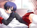  2003 bed blue_eyes blue_hair blush choco_chip highres long_sleeves mahokoi miniskirt naruse_aoi school_uniform short_hair skirt solo thighhighs zettai_ryouiki 